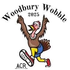 A cartoon turkey wearing a pink Santa hat and yellow pants, walking and smiling, with the text 'Woodbury Wobble 2025' above and 'ACR' below.
