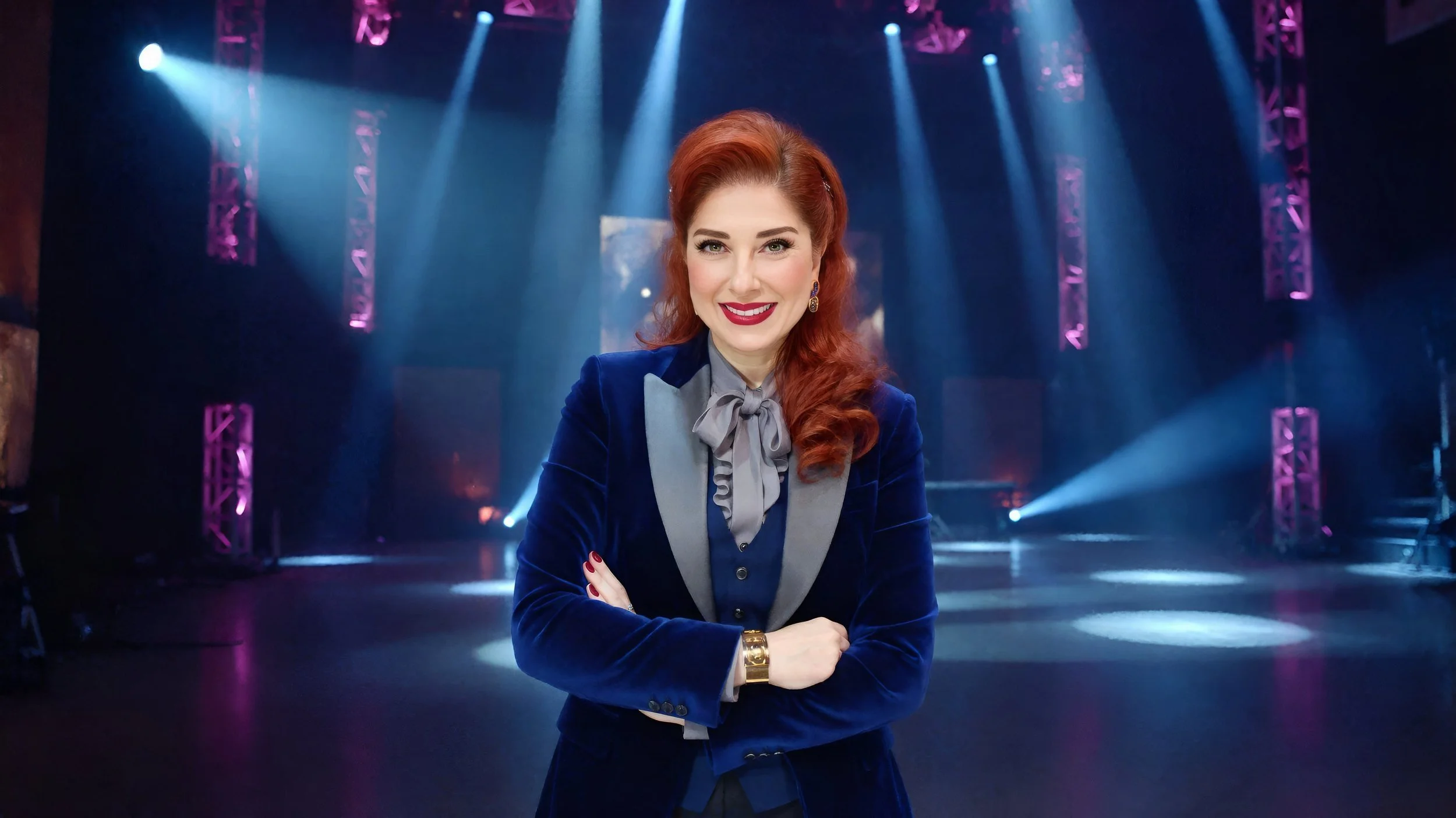 Demet Tuncer on a lit stage in a blue velvet jacket