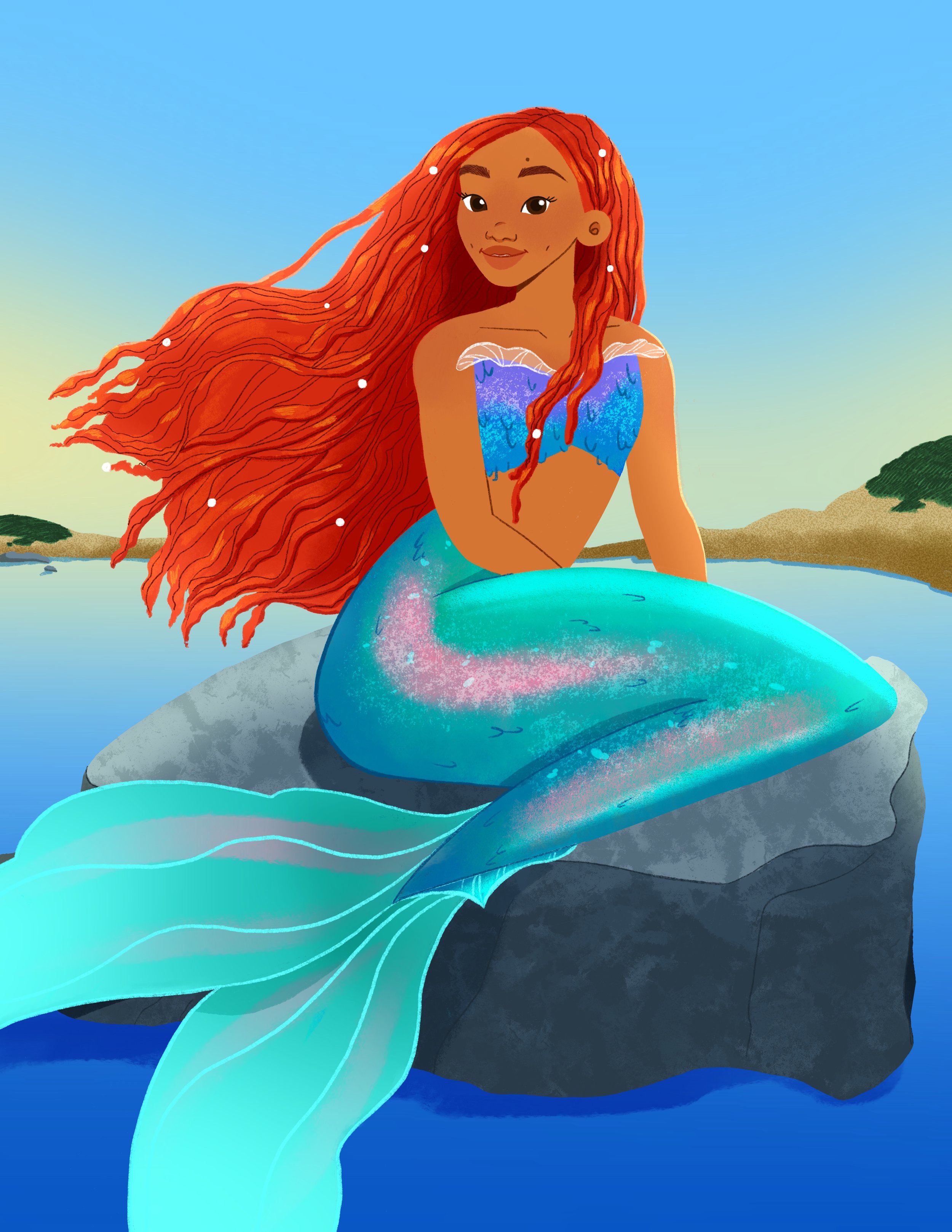 Illustration of Halle Bailey's Little Mermaid with long red hair sitting on a rock by the sea, wearing a purple shell top and turquoise tail. The background shows water and a blue sky.