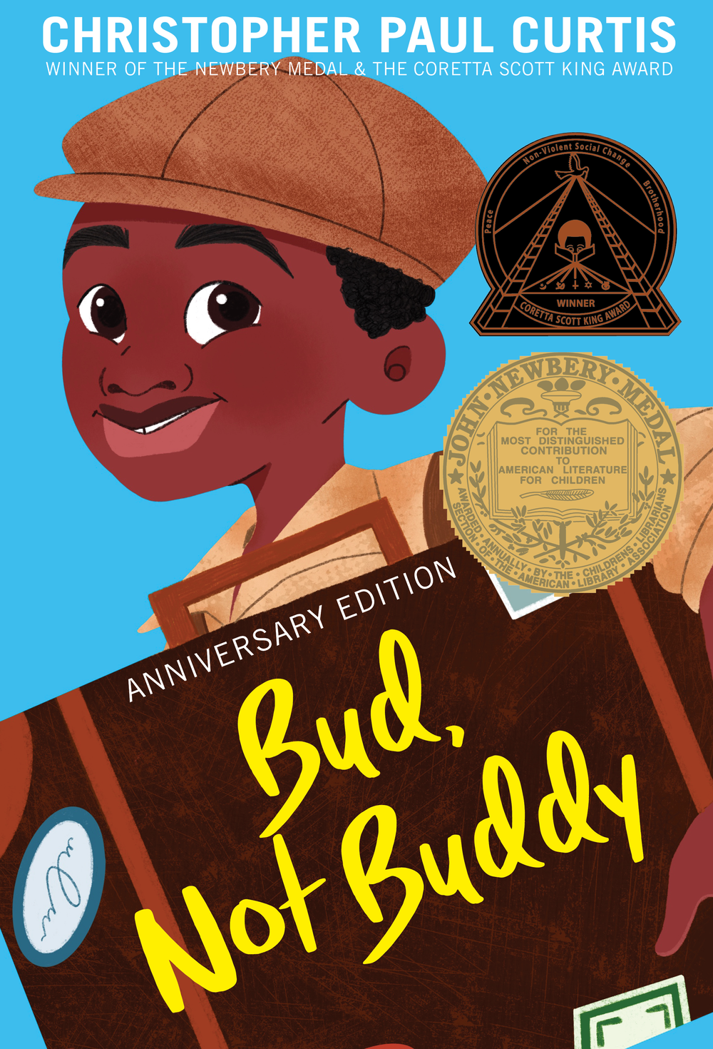 Illustrated cover of the book "Bud, Not Buddy" by Christopher Paul Curtis, featuring a smiling young boy in a cap and the Newbery Medal and Coretta Scott King Award seals.