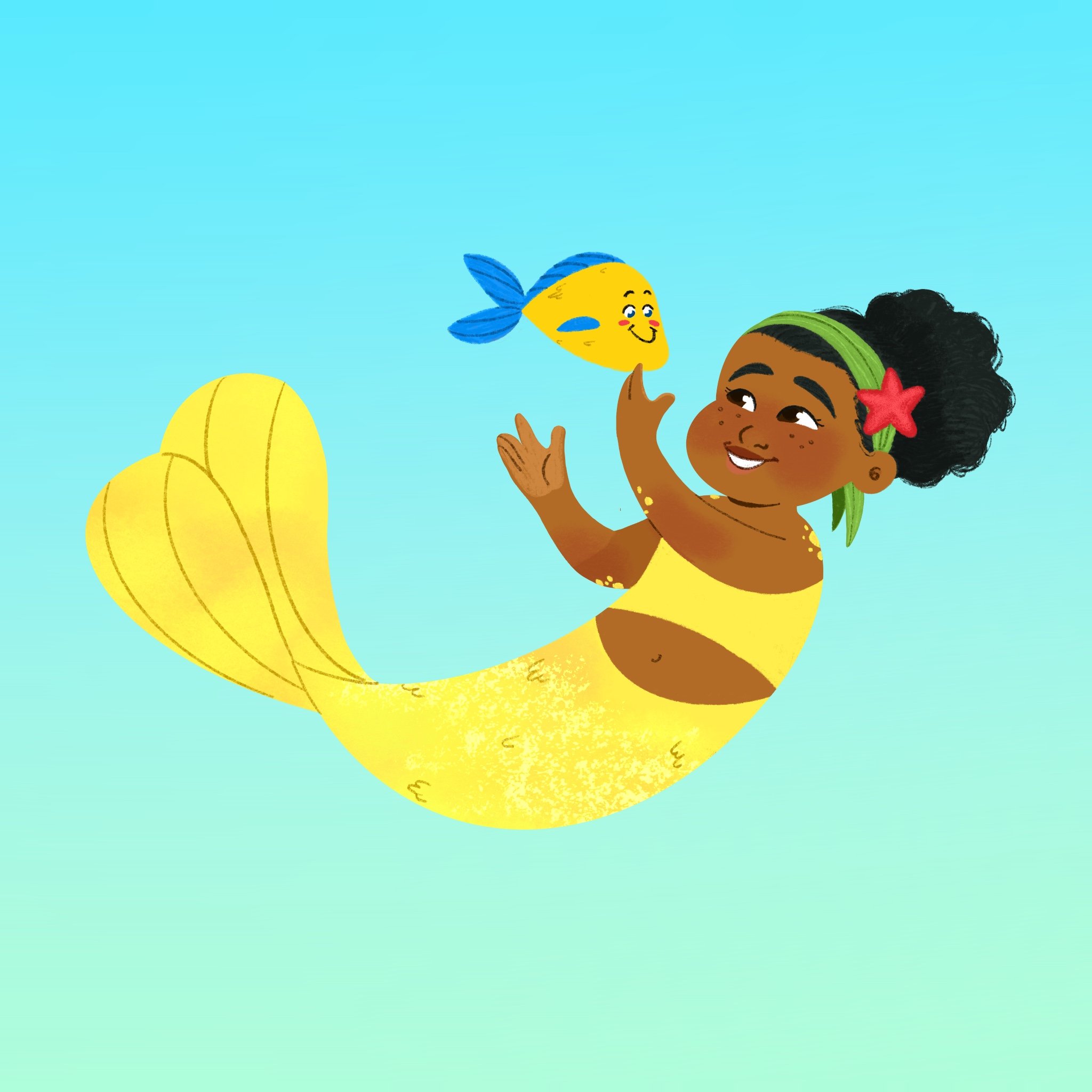 Illustration of a happy mermaid with a yellow tail and black hair playing with a blue and yellow fish.