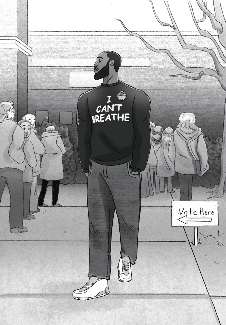 Illustration of LeBron in a "I CAN'T BREATHE" shirt near a voting line, with a "Vote Here" sign in the background.