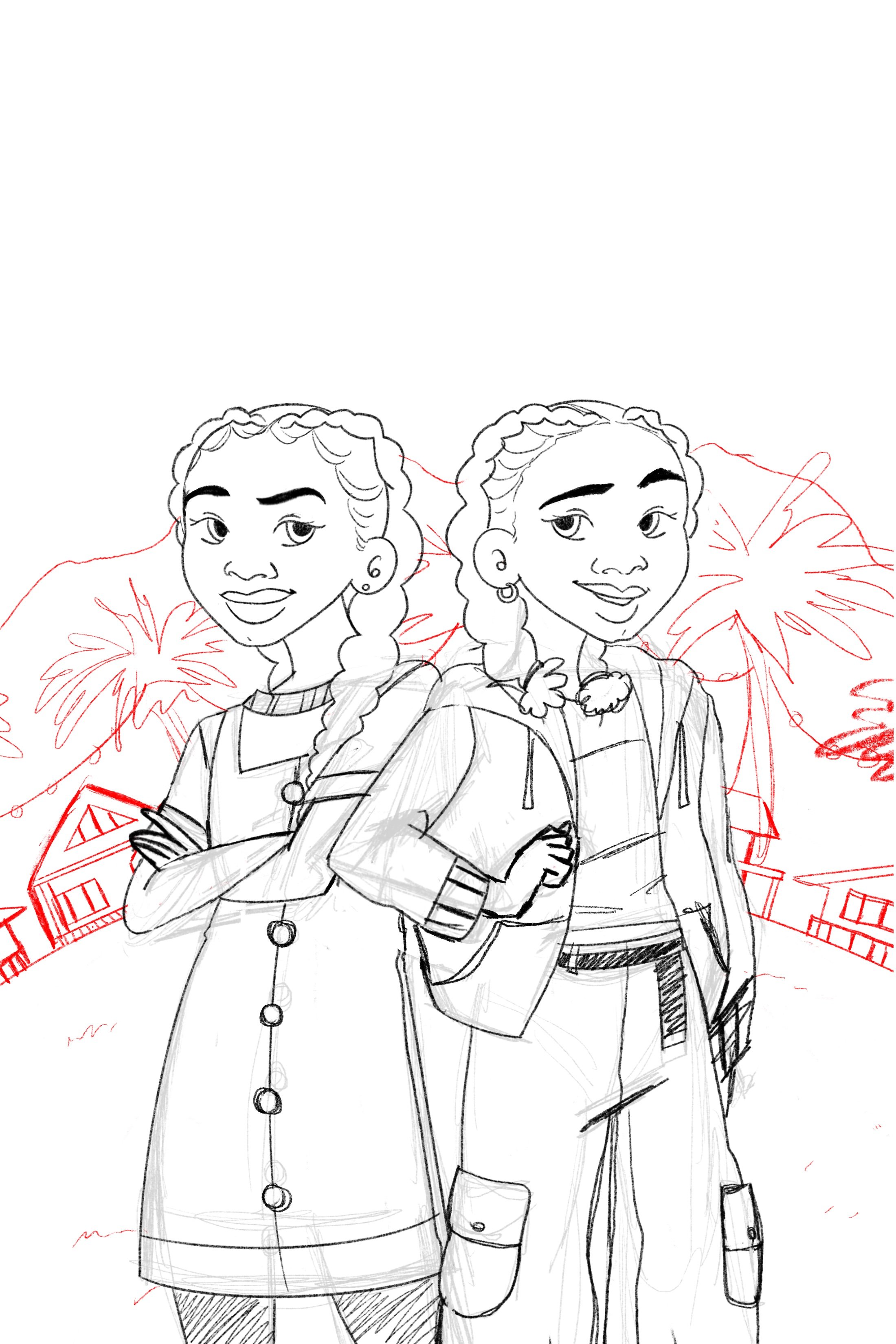 Sketch of two animated characters with braided hair standing back-to-back, set against a background of palm trees and houses.