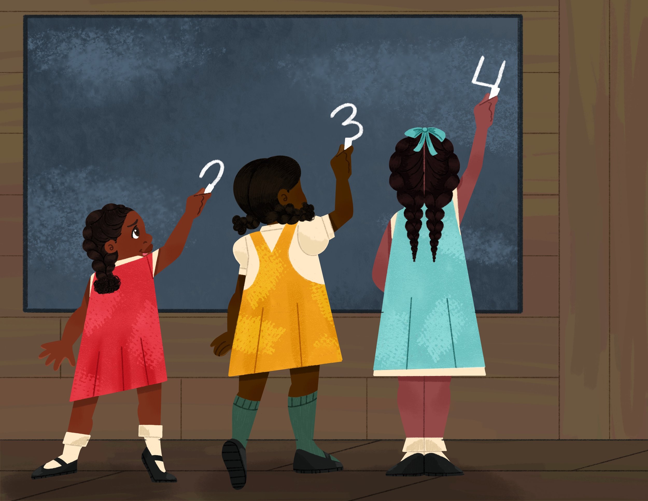 Illustration of three young Black girls writing numbers on a blackboard
