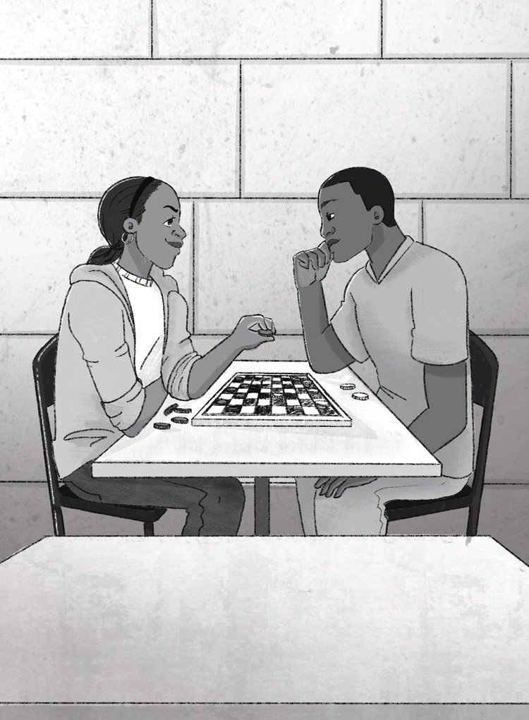 Maya and Jonathan playing checkers at a table, smiling at each other