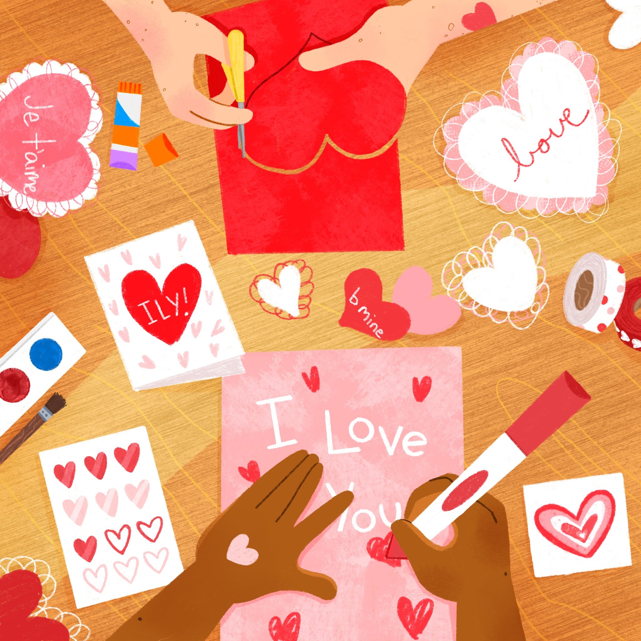Children's illustration of a top down perspective of children creating valentines cards