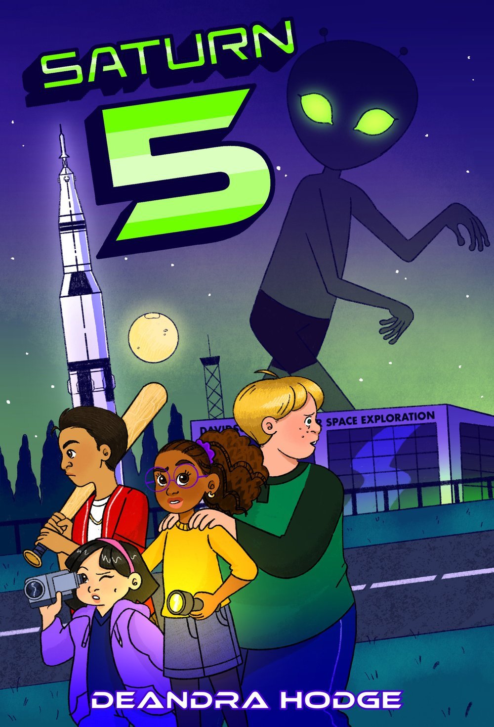 Illustration of "Saturn 5" cover featuring four children with a baseball bat, flashlight, video camera, standing near a rocket and space exploration center, with a large alien figure in the background.