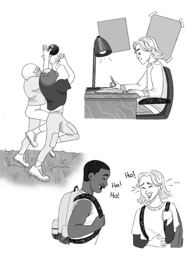 Illustration showing three scenes: two football players reaching for a ball, a person writing at a desk with a lamp, and two people laughing with backpacks.