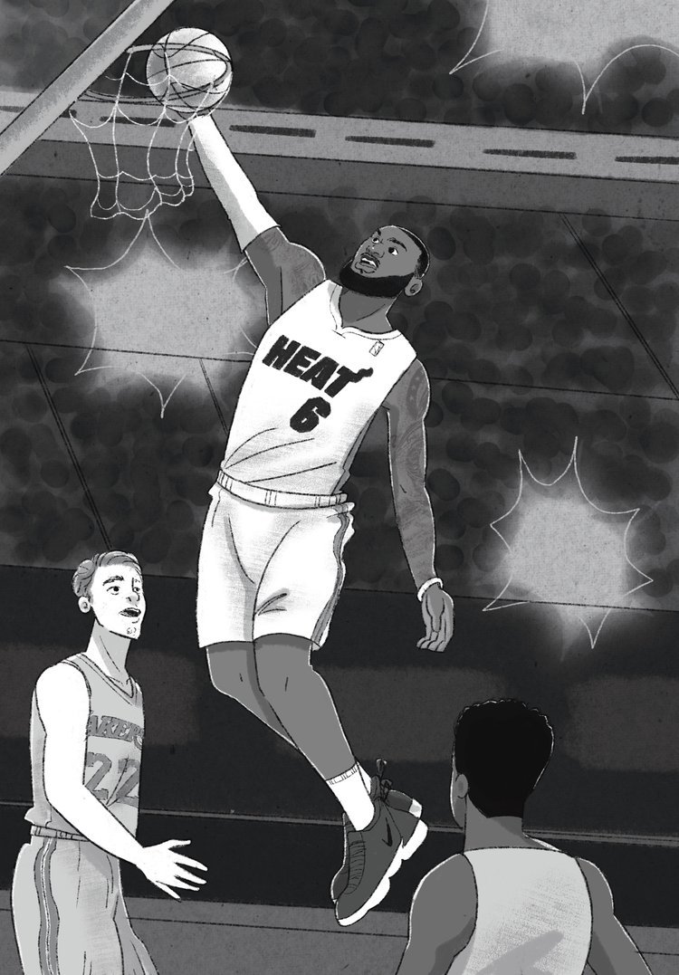 Illustration of LeBron James wearing a "Heat" jersey performs a slam dunk while two other players observe in a basketball game.