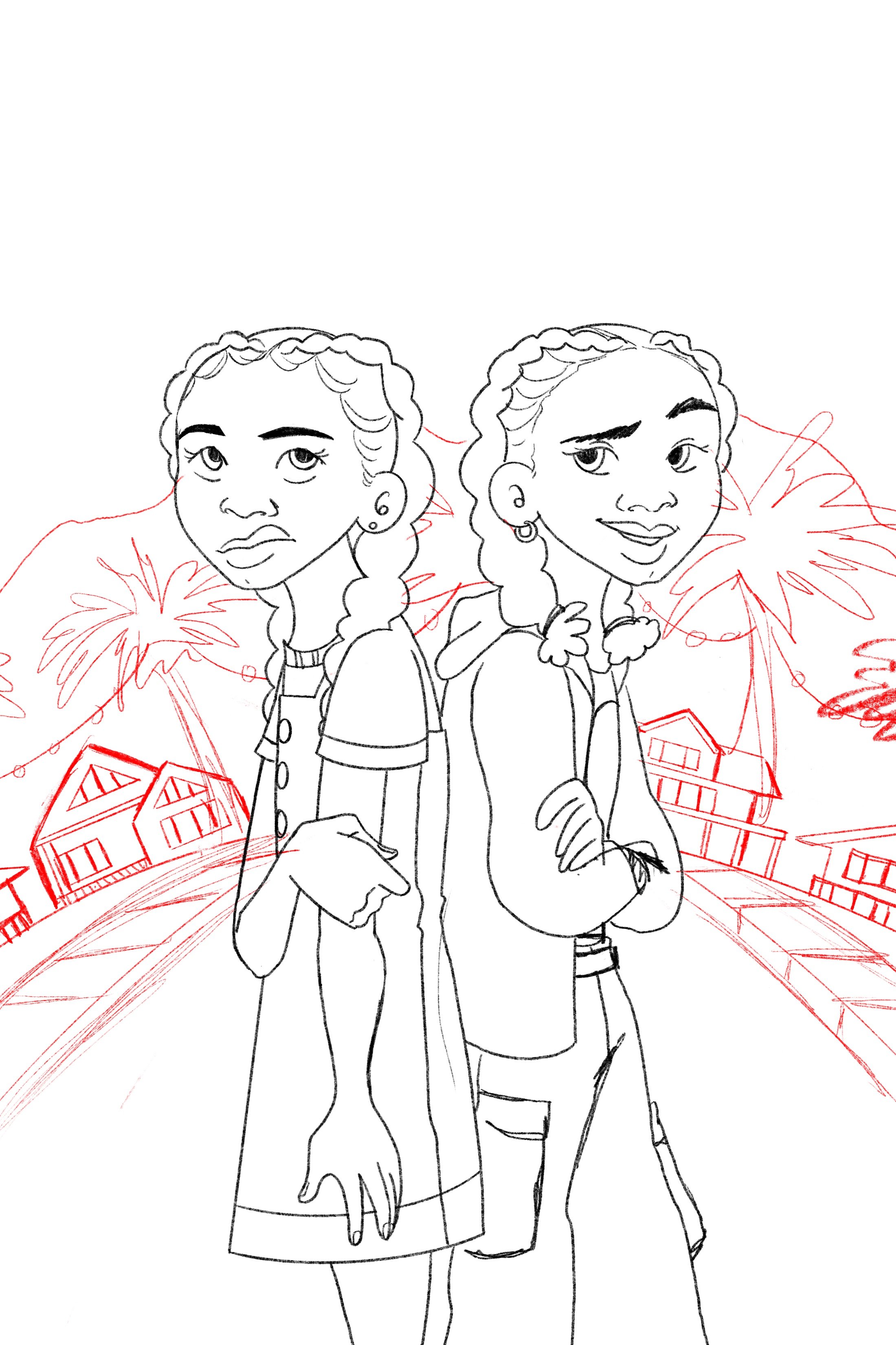 Sketch of two animated girls standing back to back with arms crossed, featuring braided hair, against a backdrop of houses and palm trees.