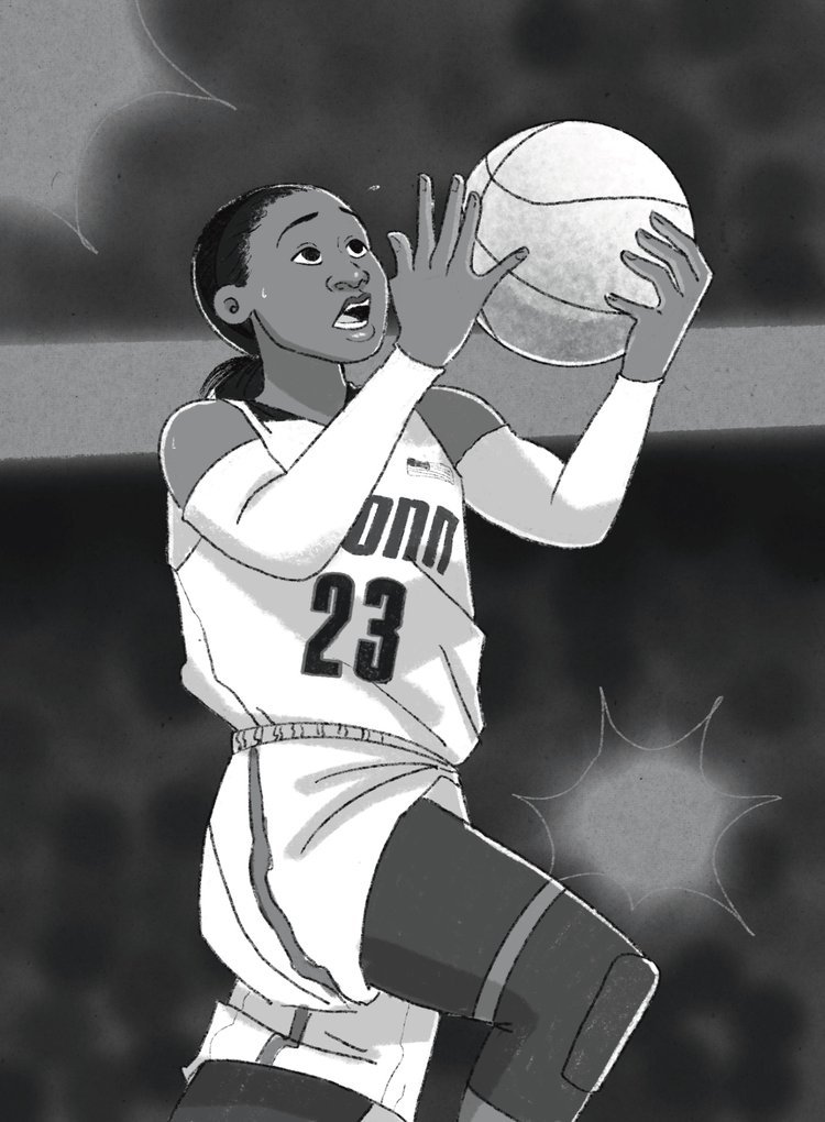 Illustration of a Maya Moore player jumping to shoot, wearing a jersey with number 23, on a shaded background. The ball is in motion towards the hoop.