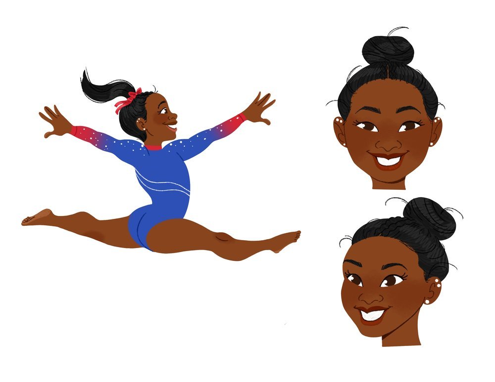 Illustration of Simone Biles performing a split leap in a blue leotard with red and white accents, accompanied by two smiling headshots showing different hairstyles.
