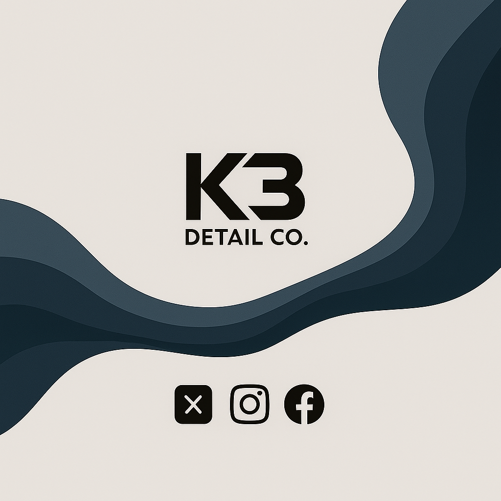 Logo of K3 Detail Co. with social media icons for X, Instagram, and Facebook on a white background with abstract blue shapes.