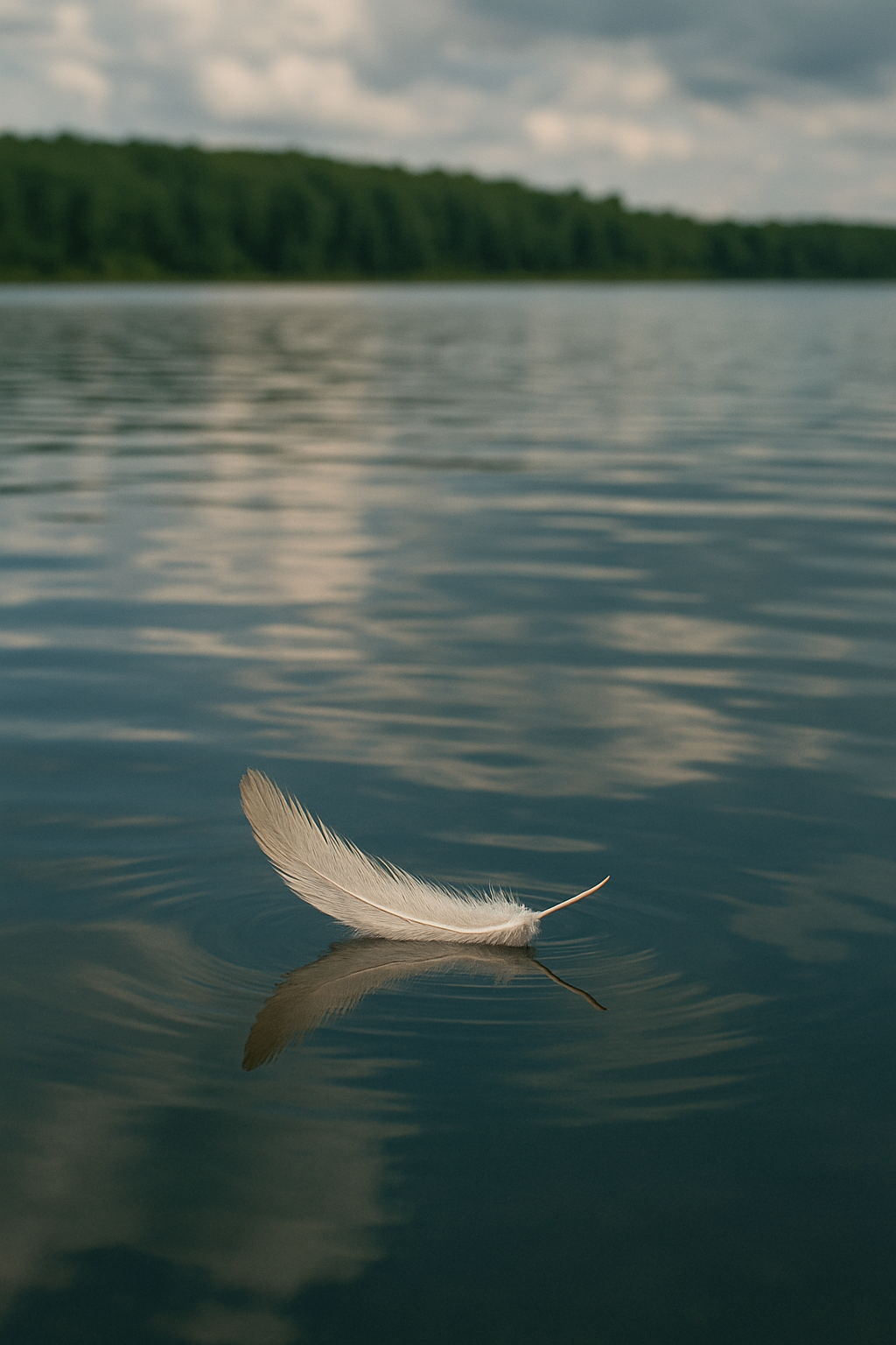 Järven laineilla kelluva höyhen joka symboloi tukea, lohtua ja toivoa elämän loppuvaiheessa