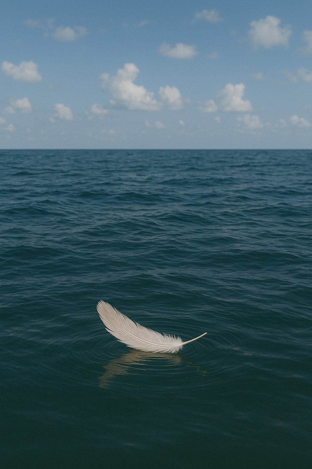 Meren laineilla kelluva höyhen joka symboloi tukea, lohtua ja toivoa elämän loppuvaiheessa