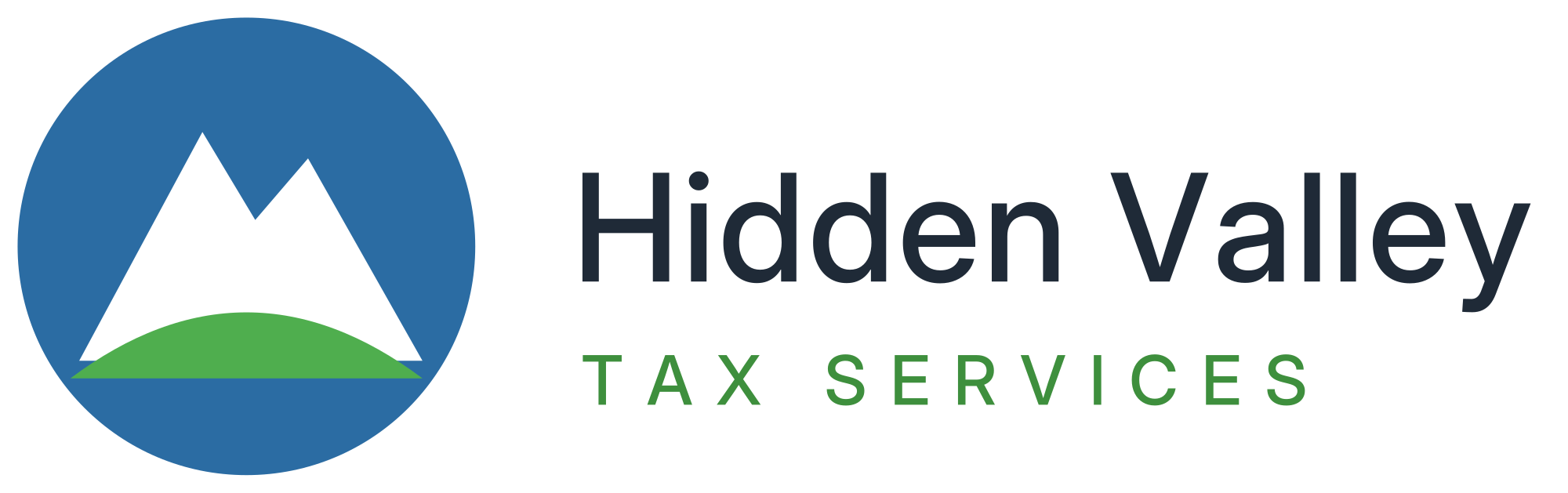 Logo of Hidden Valley Tax Services featuring blue mountain peaks, green ground, and black text with the company name.