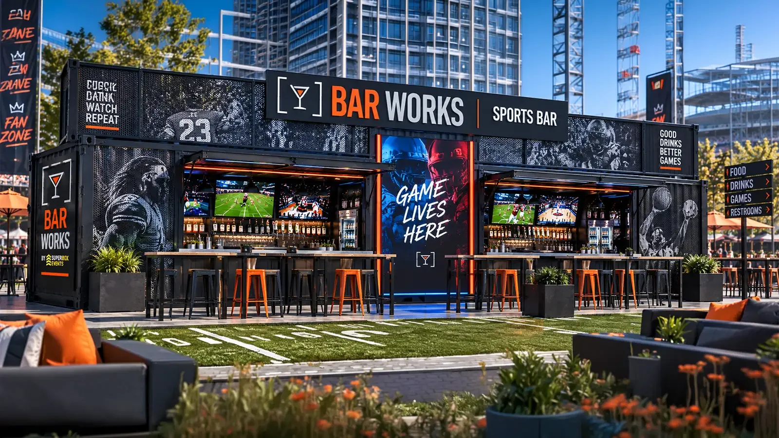 Sports and entertainment container bar concept