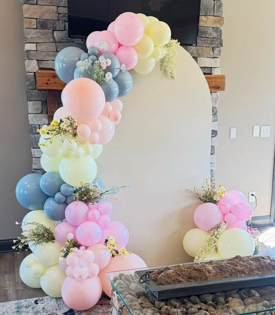 pastel balloon arch and garland. handpainted wooden arch