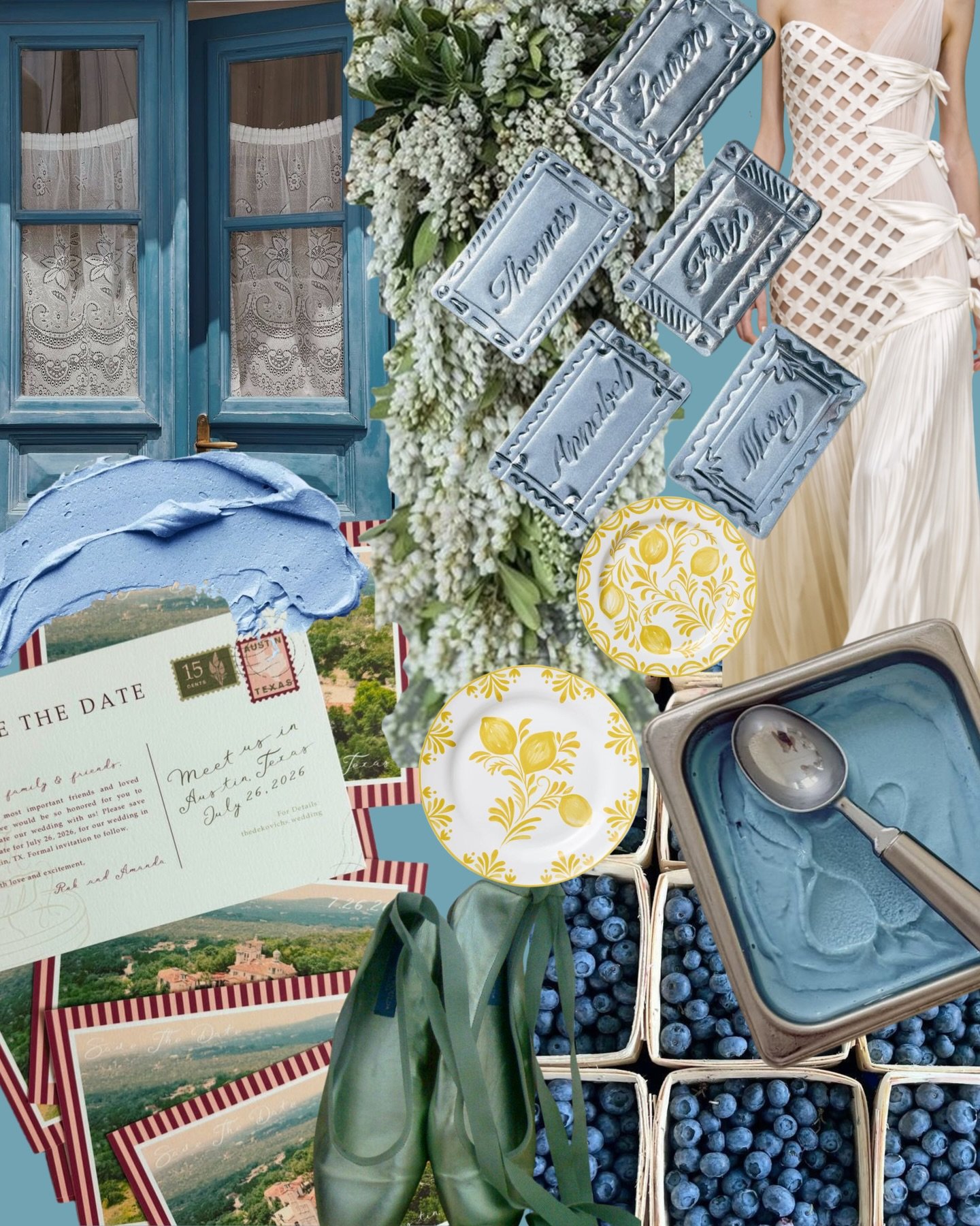 spring, according to kg&amp;co. 

powder blue gelato, lemon-kissed plates, and lace curtains catching the breeze. 🩵🍨☀️
soft textures, slow afternoons, and something sweet always within reach!

# kg&amp;co.
#moodboard #april #spring #weddings