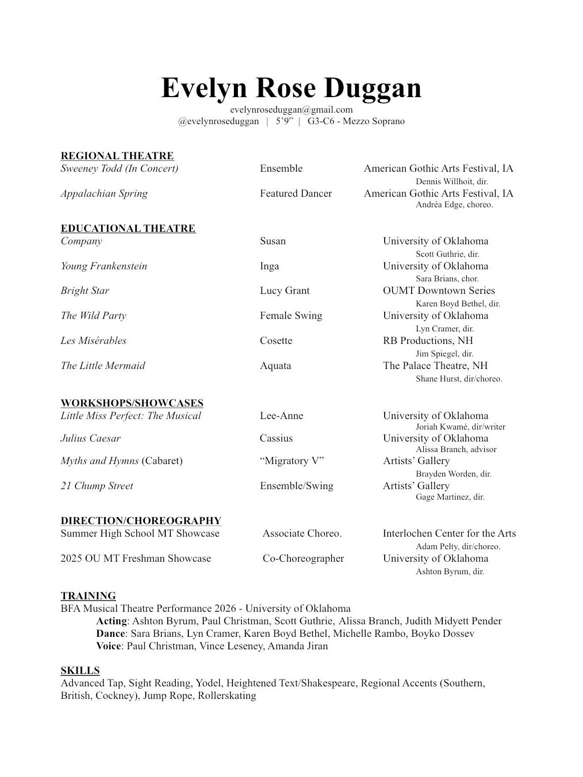 Resume of Evelyn Rose Duggan with contact information, educational background, theater performances, workshops, choreography, training, and skills listed.