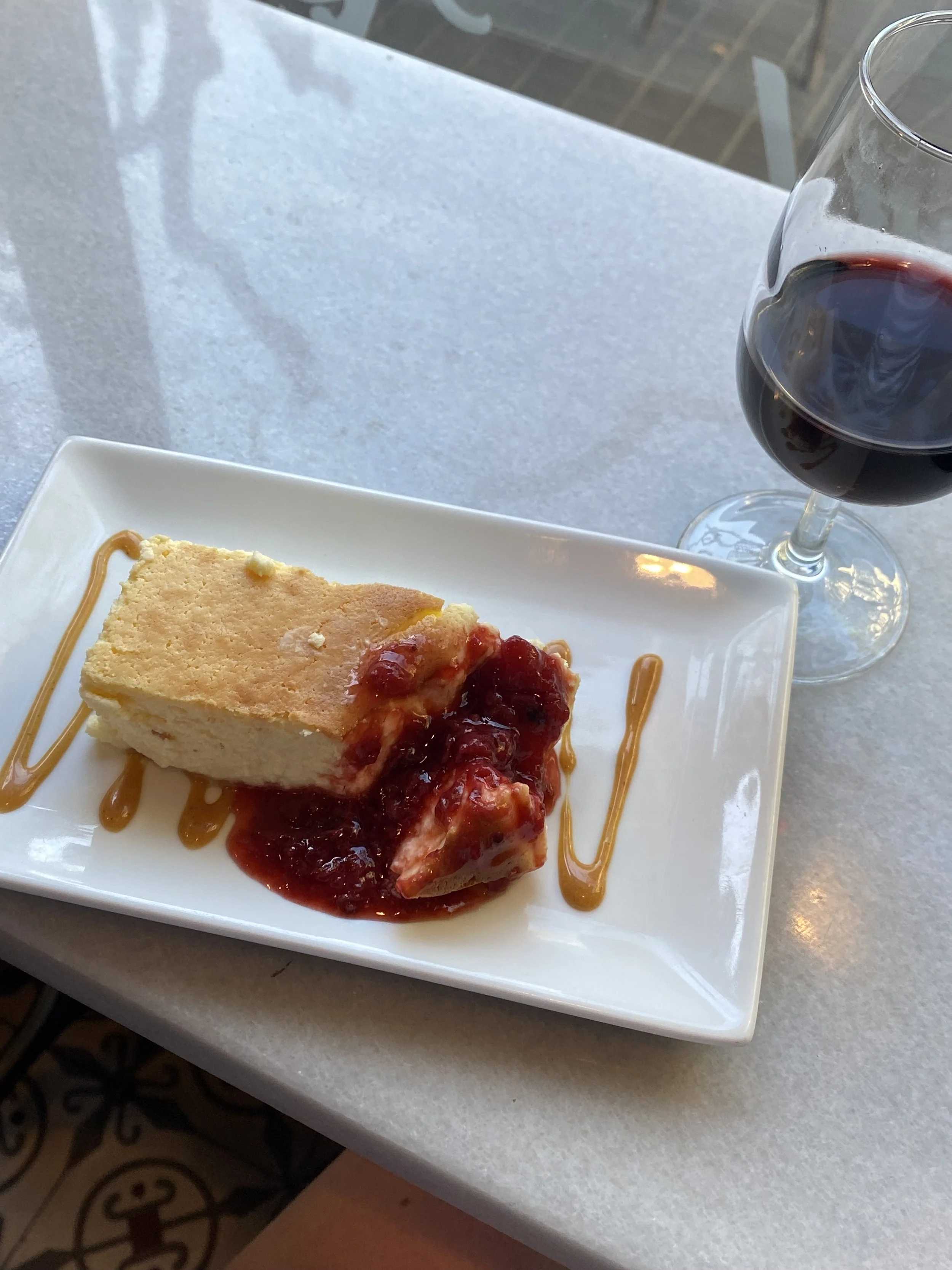 Cheesecake with the questionable sauce...