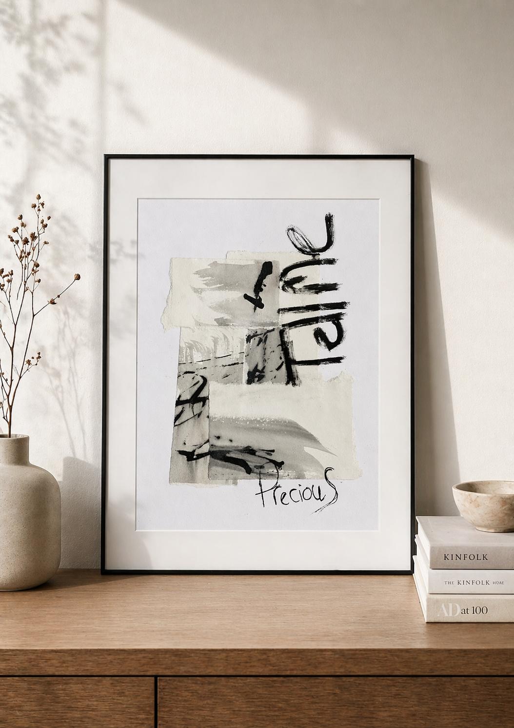 Original abstract collage artwork with sumi ink on bamboo paper, titled “Precious,” inspired by Mary Oliver’s wild and precious life quote