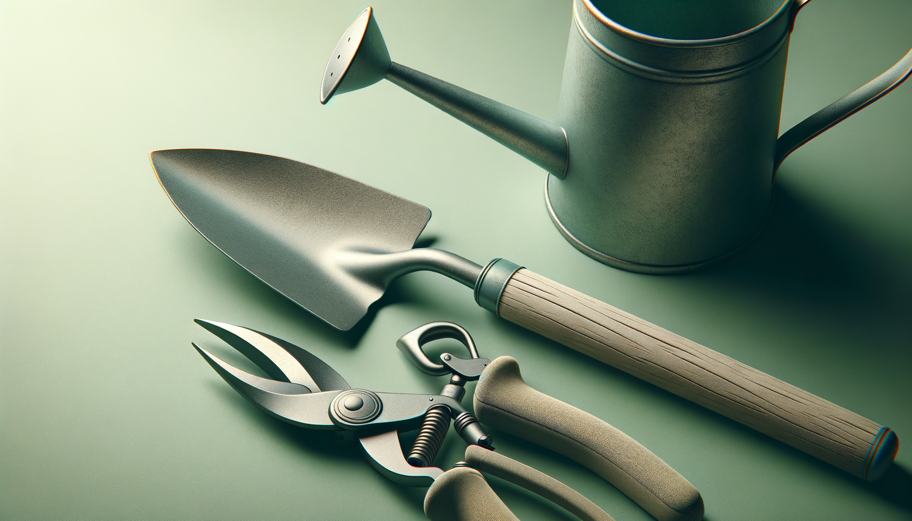 A metallic gardening trowel, pruning shears, and a metal watering can with a wooden handle on a light green surface.