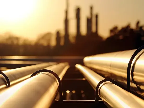 Close-up view of shiny industrial pipes or tubes with a blurred industrial facility in the background at sunset.