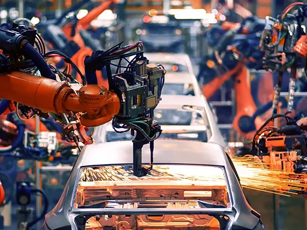 Automated robotic arms assembling a car body on a conveyor belt in a factory.