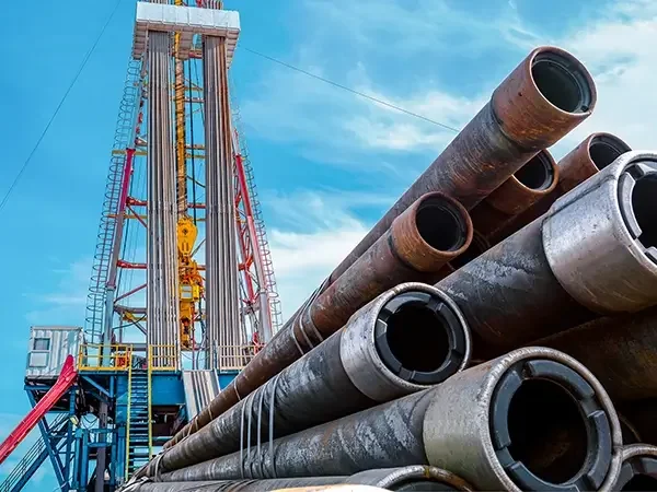 Horizontal view of large industrial pipes stacked in the foreground with a tall oil drilling rig tower in the background under a partly cloudy sky.