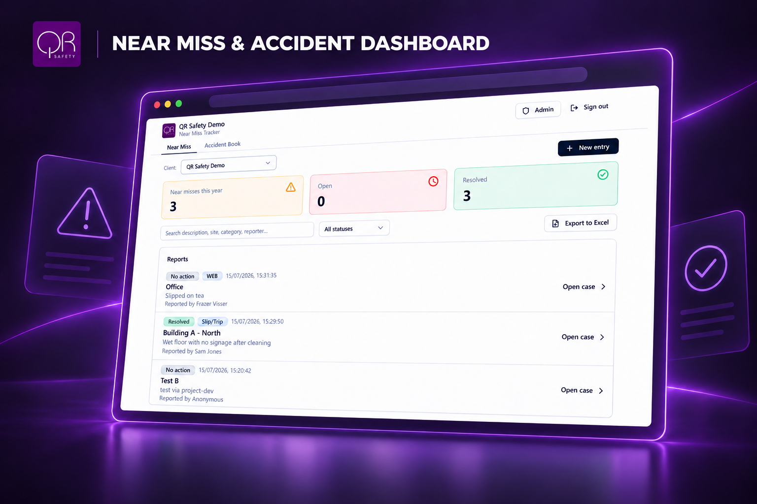 Digital dashboard titled 'Near Miss & Accident Dashboard' showing near miss statistics, reports, and case details with a purple neon background.