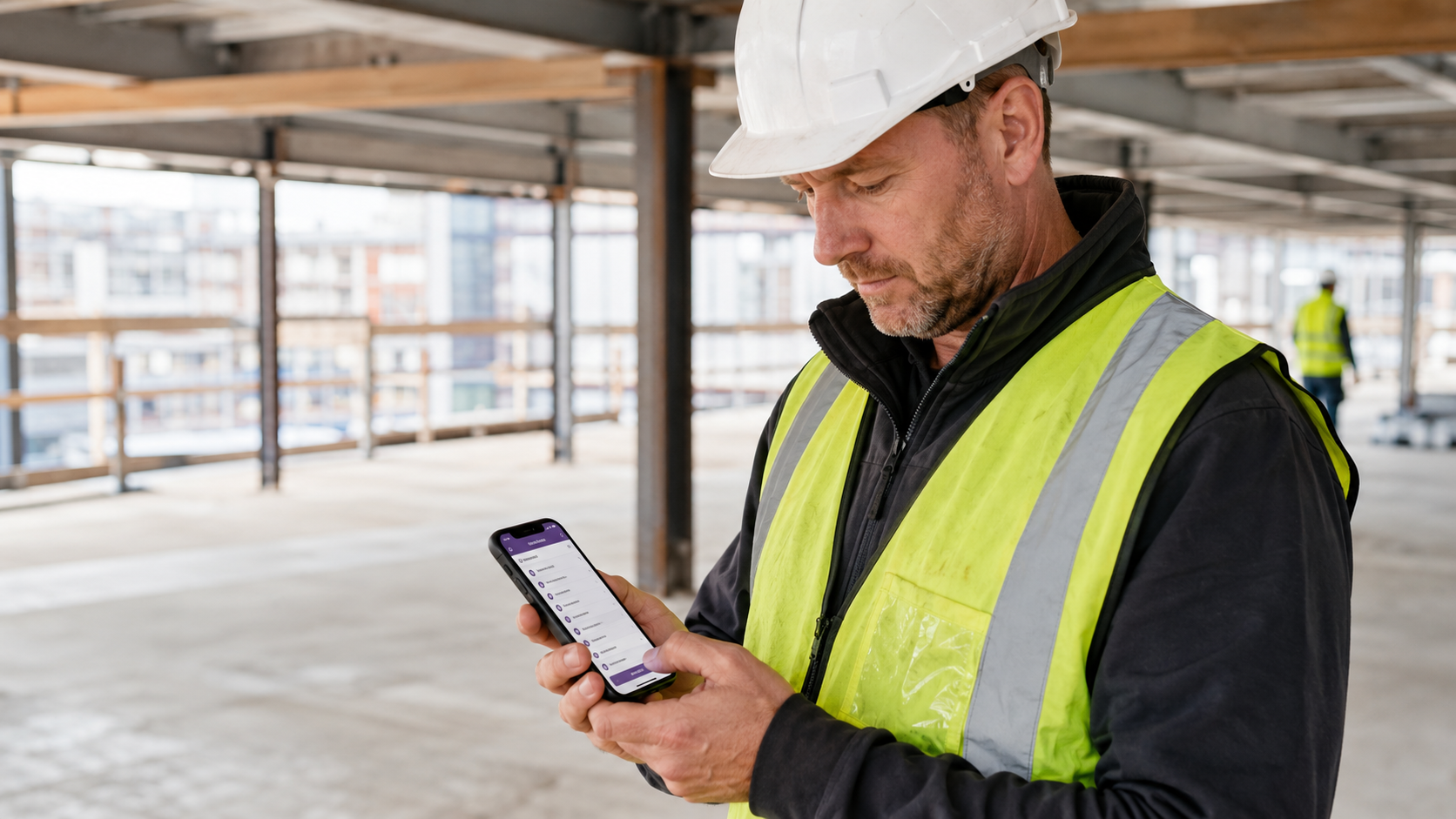Builder in a hard hat and high-visibility vest completing a QR Safety digital form on an iPhone at a construction site.
