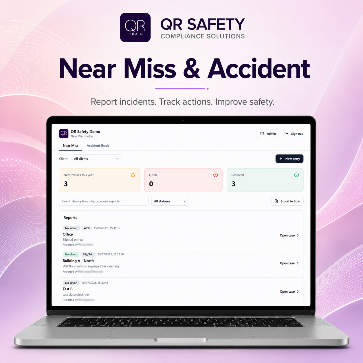 Screenshot of a QR safety software dashboard for near miss and accident tracking with incident reports on a laptop screen.