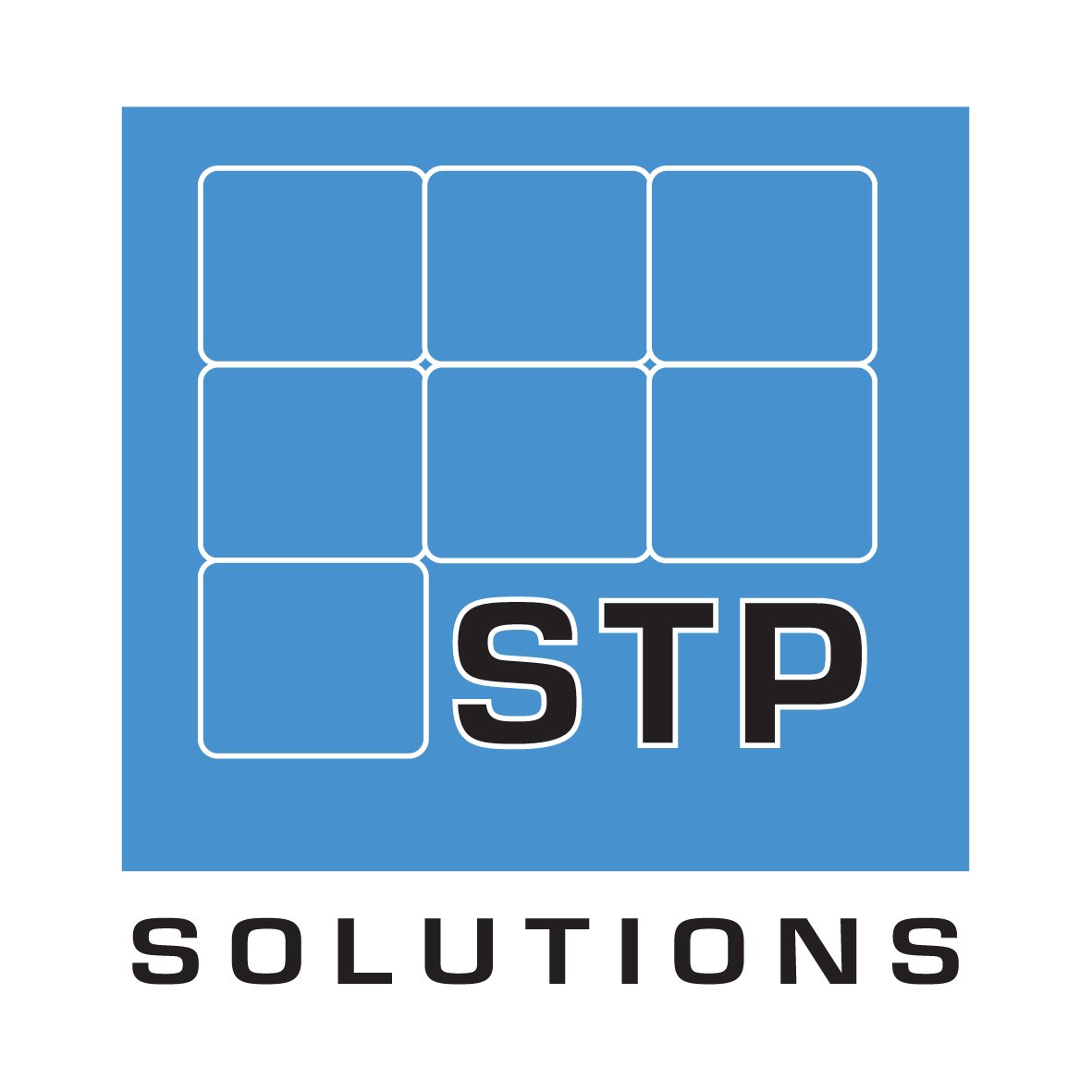 Logo for STP Solutions featuring a grid of nine blue squares, with the letters 'STP' in bold black font overlaid on the bottom right section of the grid. The word 'SOLUTIONS' appears beneath the grid in black uppercase letters.