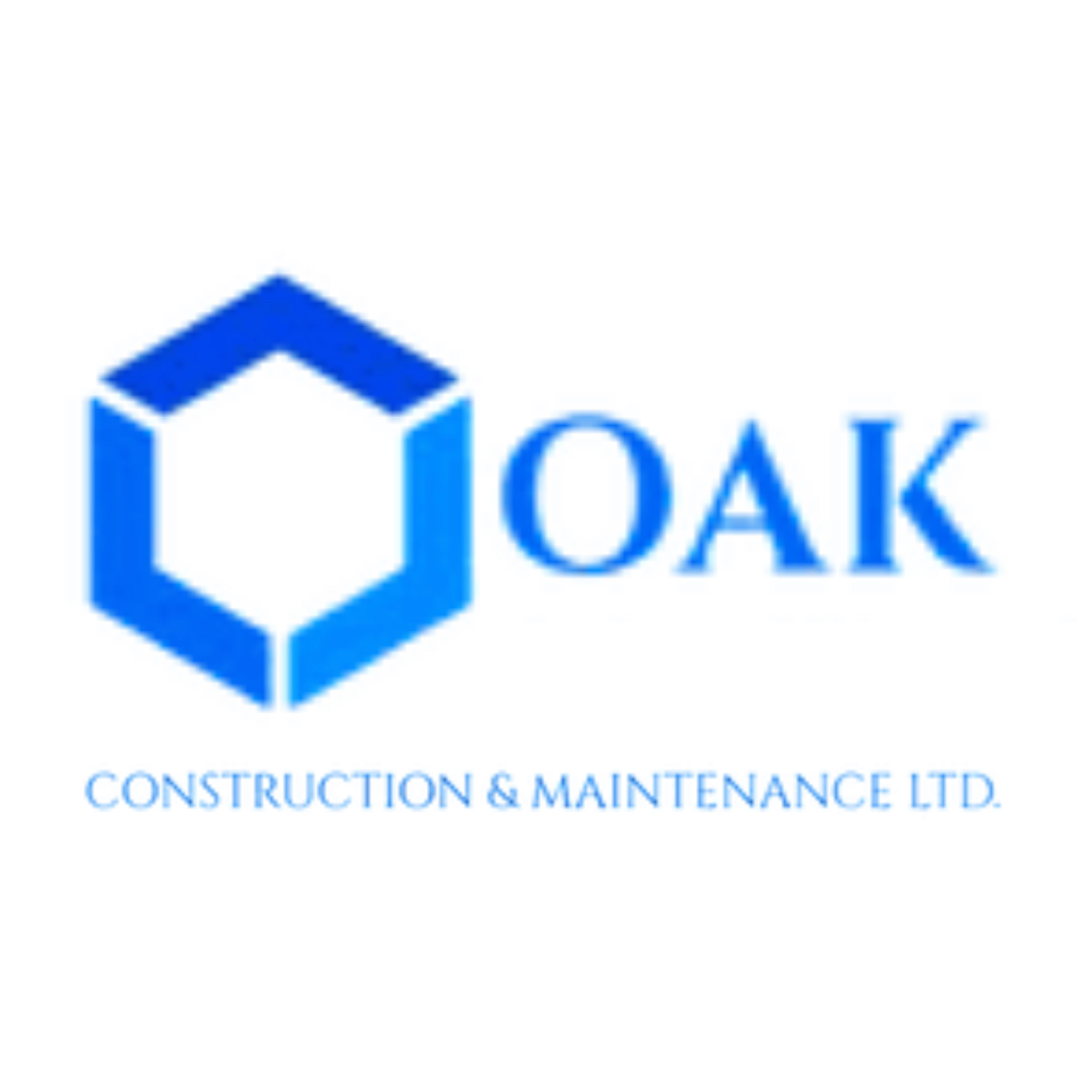 Logo for OAK Construction & Maintenance Ltd., featuring a blue hexagon outline and the company name in blue text.