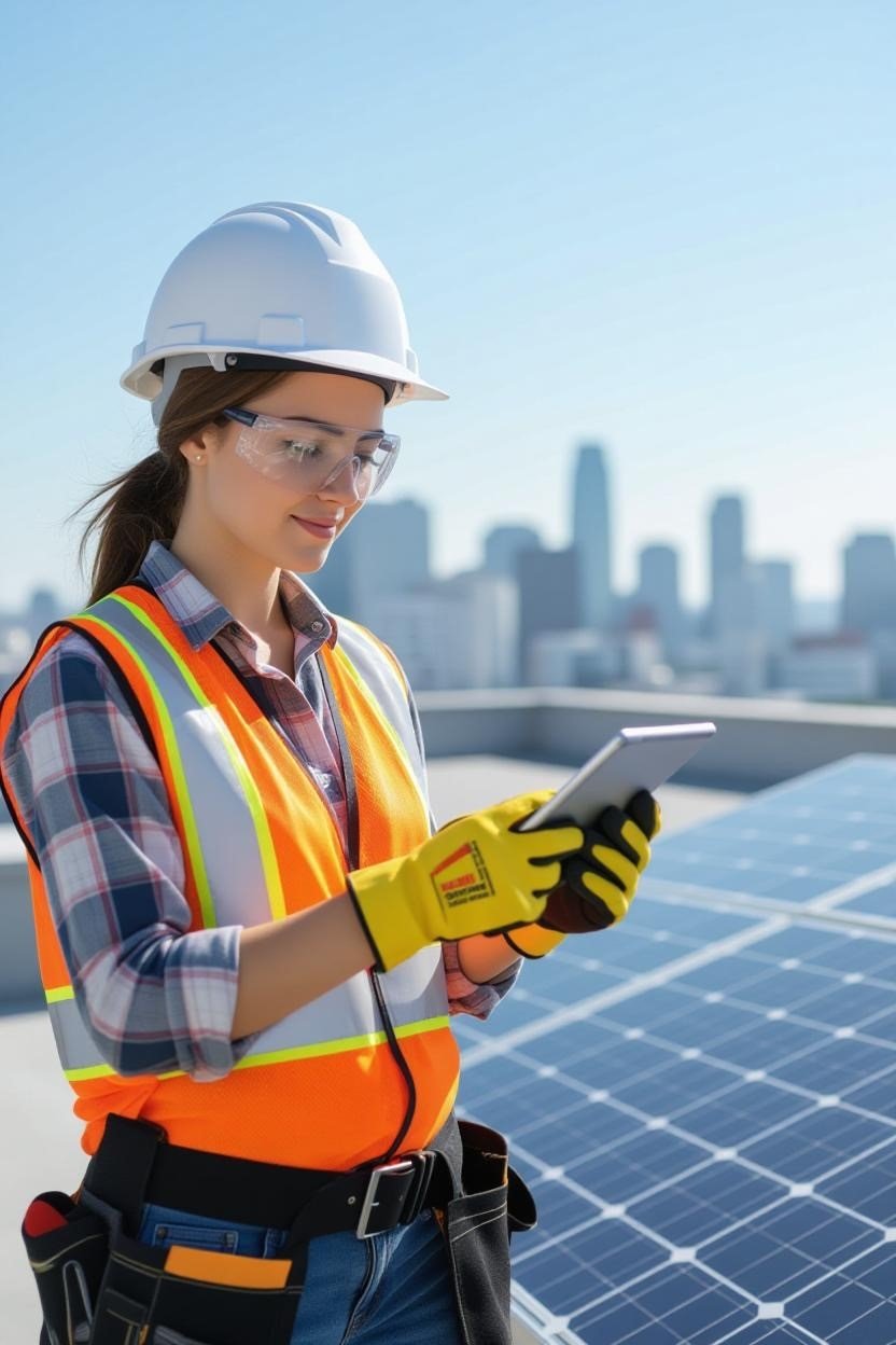 A female construction worker or engineer wearing a white hard hat, safety glasses, yellow gloves, and a high-visibility orange safety vest with reflective stripes. She is standing on a rooftop with solar panels, holding a tablet device, with a city skyline in the background.