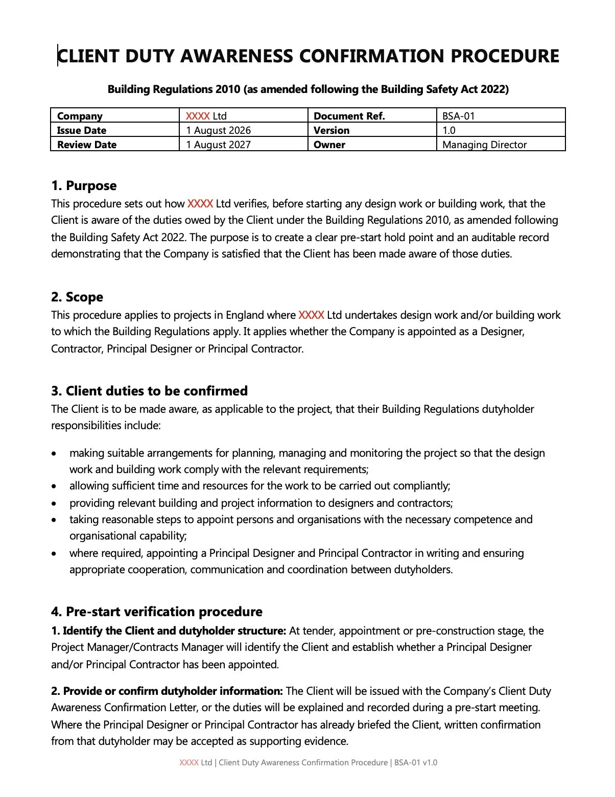 Document titled 'Client Duty Awareness Confirmation Procedure' with details about a company's compliance with building regulations, including issue and review dates, scope, client duties, and verification procedures.