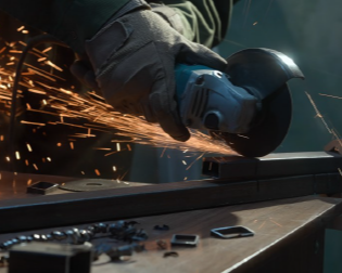 A person wearing gloves using an angle grinder to cut metal, with sparks flying.