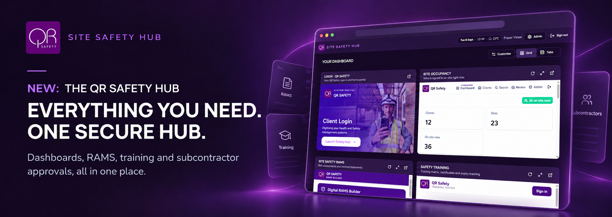 Digital graphic advertising a site safety management platform called QR Safety, featuring a dashboard interface with metrics on client login, site occupancy, training, and subcontractors, with a purple and black color scheme and text promoting an all-in-one safety hub.