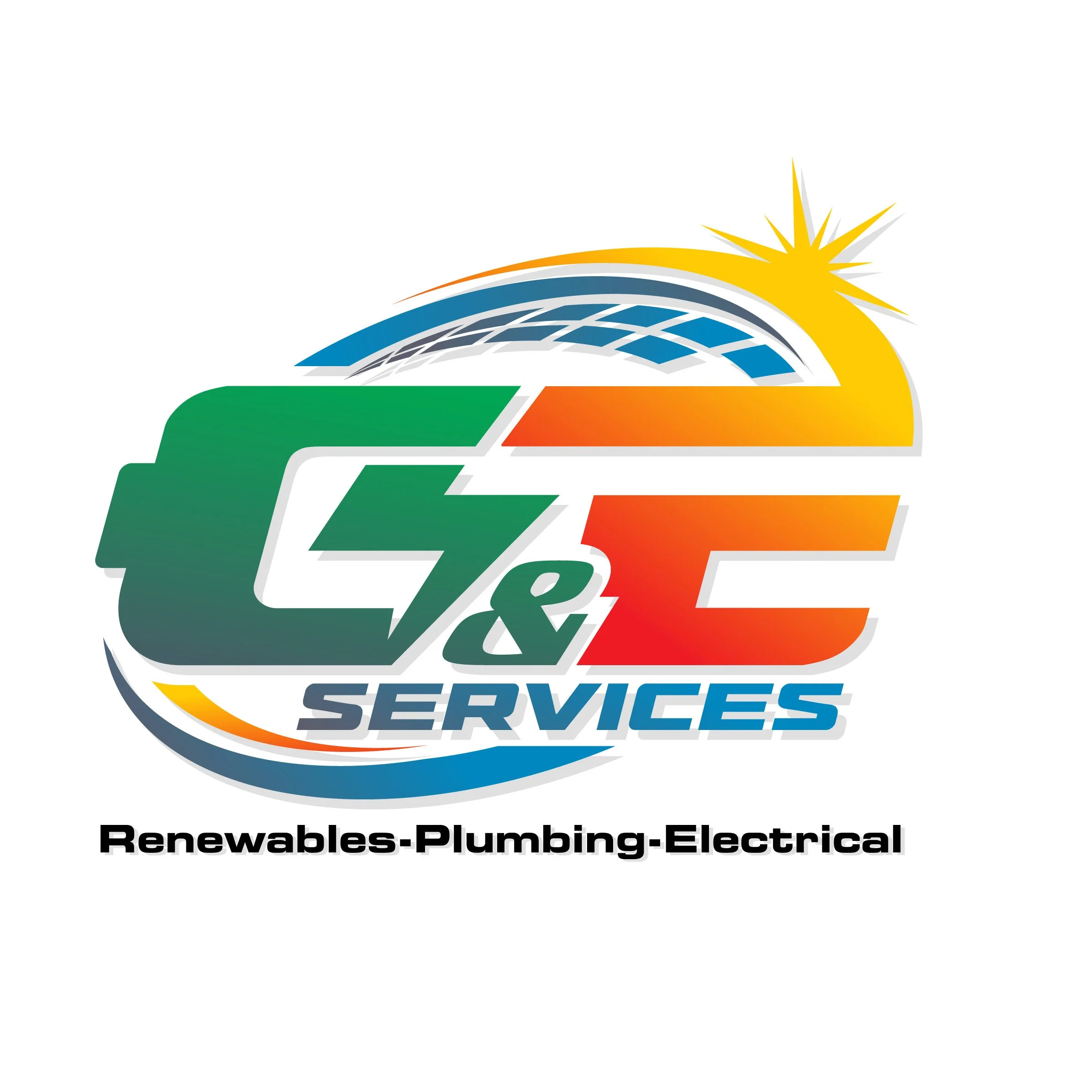 Logo for C&E Services with a sun and solar panel graphic, and text indicating services in renewables, plumbing, and electrical.