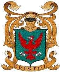 A coat of arms featuring a red eagle with outstretched wings on a green shield, topped with an ornate gold crest and surrounded by decorative gold flourishes, with a banner underneath reading 'BRISTOL'.