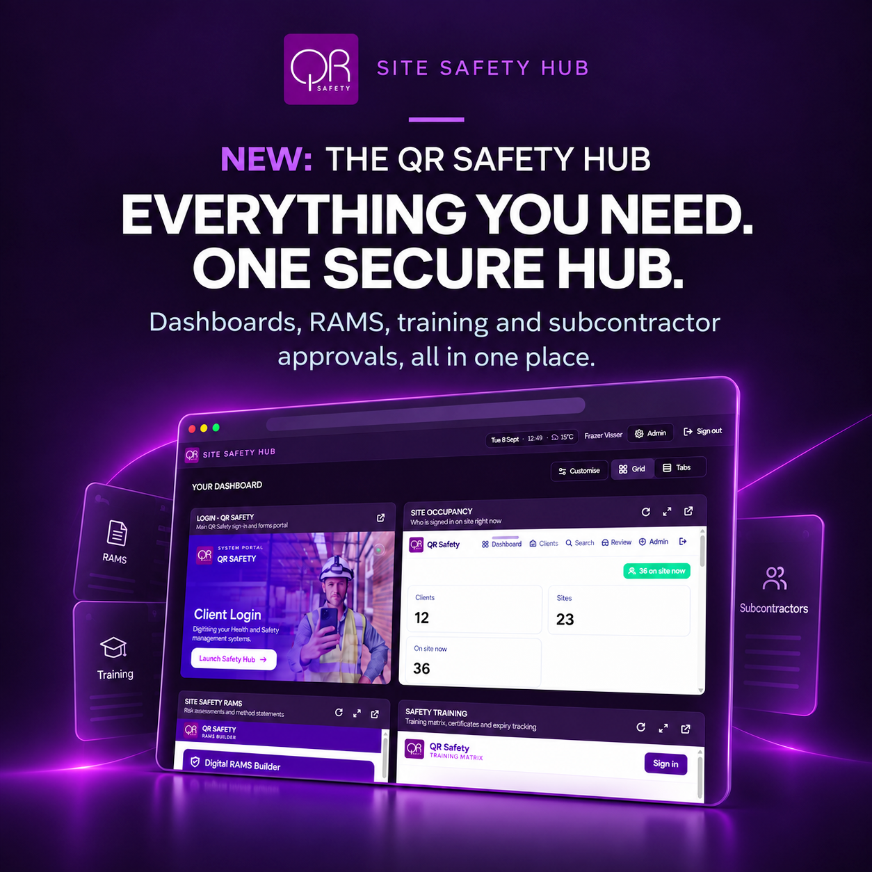Promotional graphic for QR site safety hub, featuring a dark purple background with glowing neon accents, showing a computer screen with dashboards for managing site safety, RAMs, and subcontractor approvals.