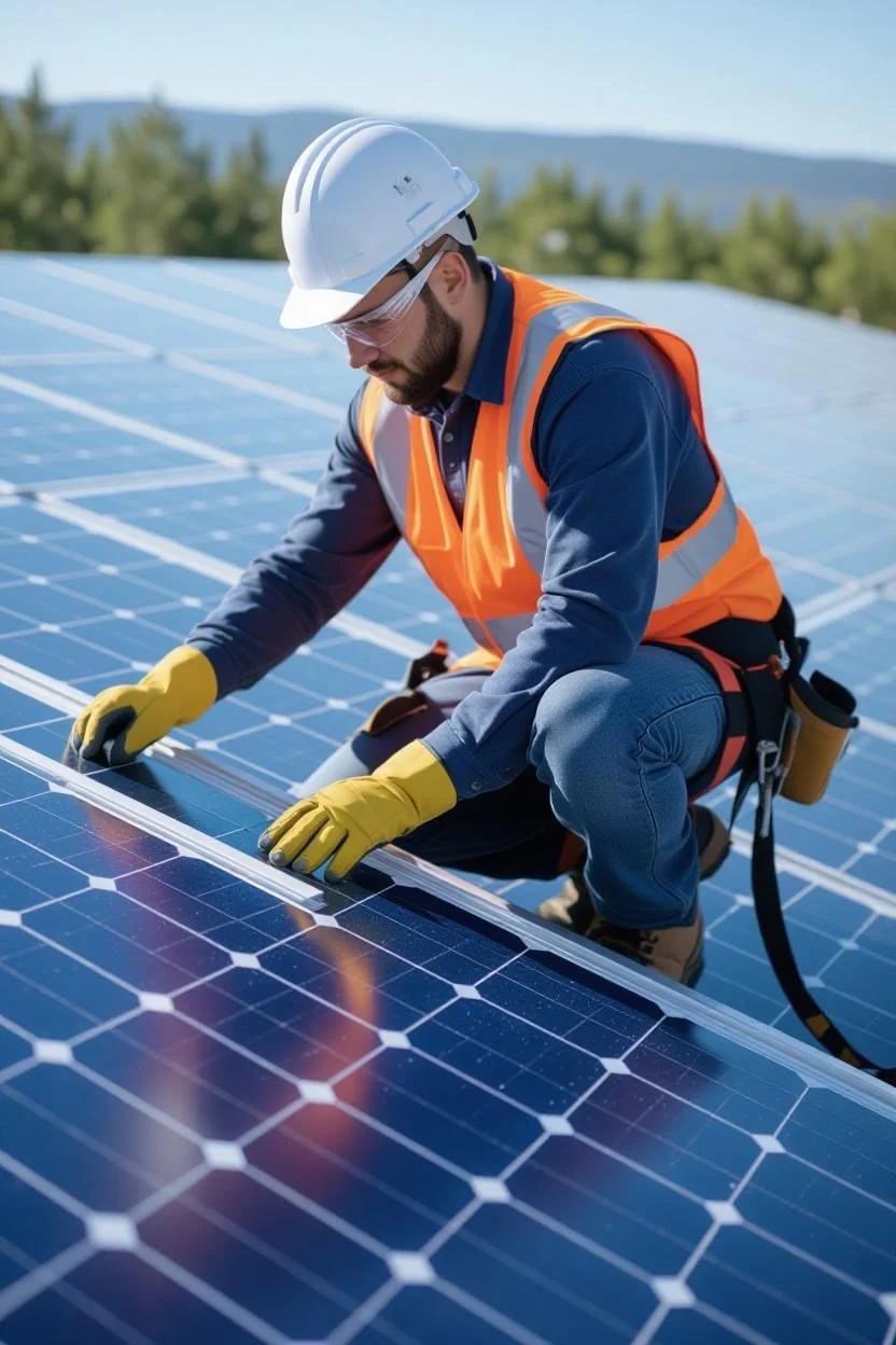 A man in safety gear inspecting solar panels outdoors.