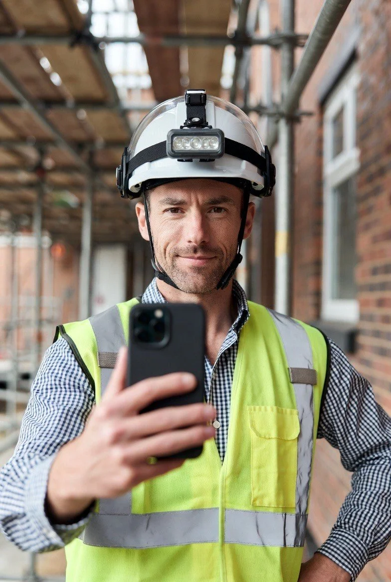 Construction worker wearing a helmet with a headlamp, a yellow safety vest, and checkered shirt, taking a selfie with a smartphone on a construction site.