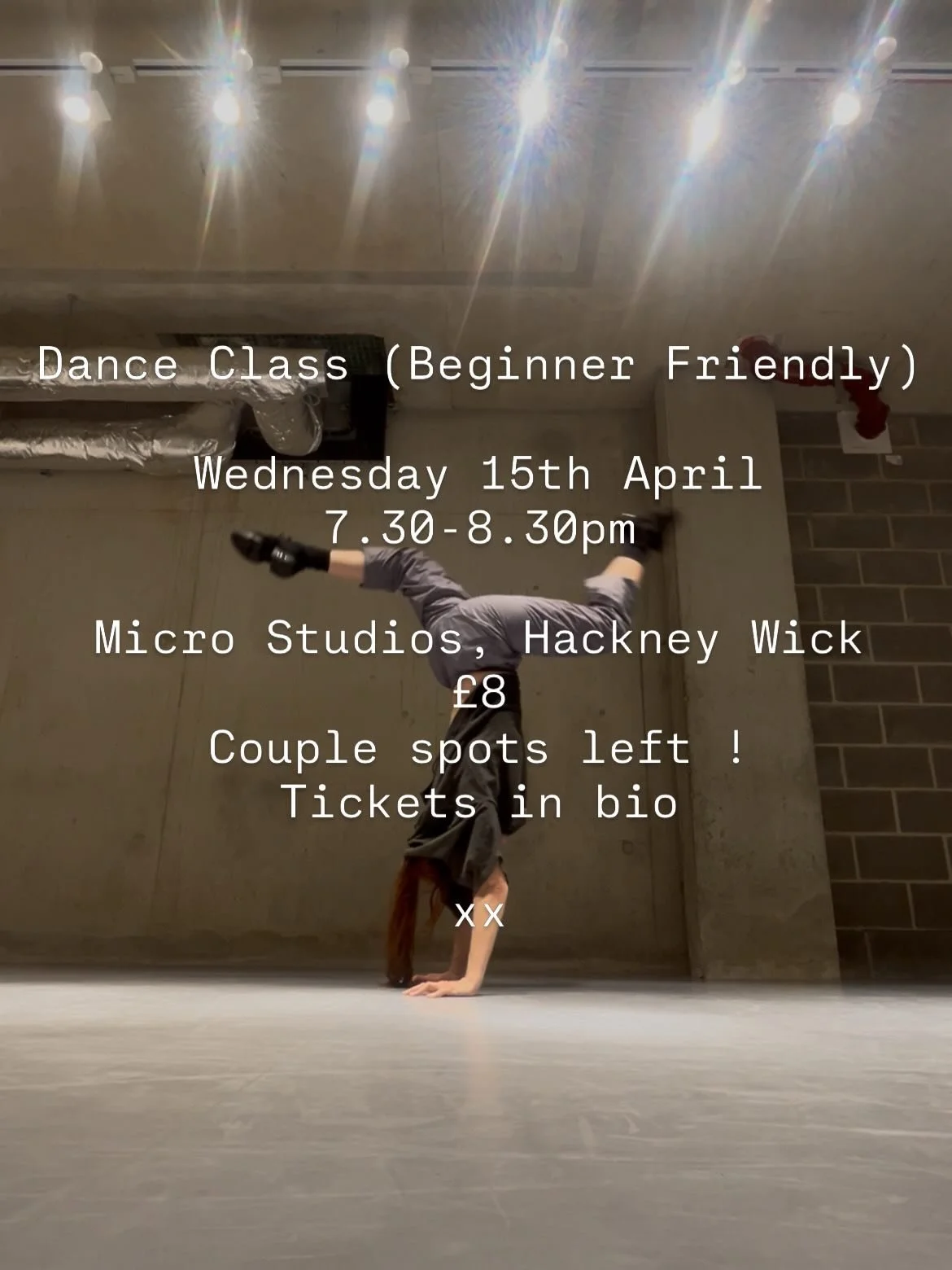 Come to dance class!! 
Tomorrow: Wednesday 15th April 
7.30pm-8.30pm 
Micro Studios, Hackney Wick 
&pound;8
Beginner friendly, sooo fun &amp; not scary 💋 (I promise xx) 
Exclusively to 90s/00s pop, hip-hop &amp; rnb