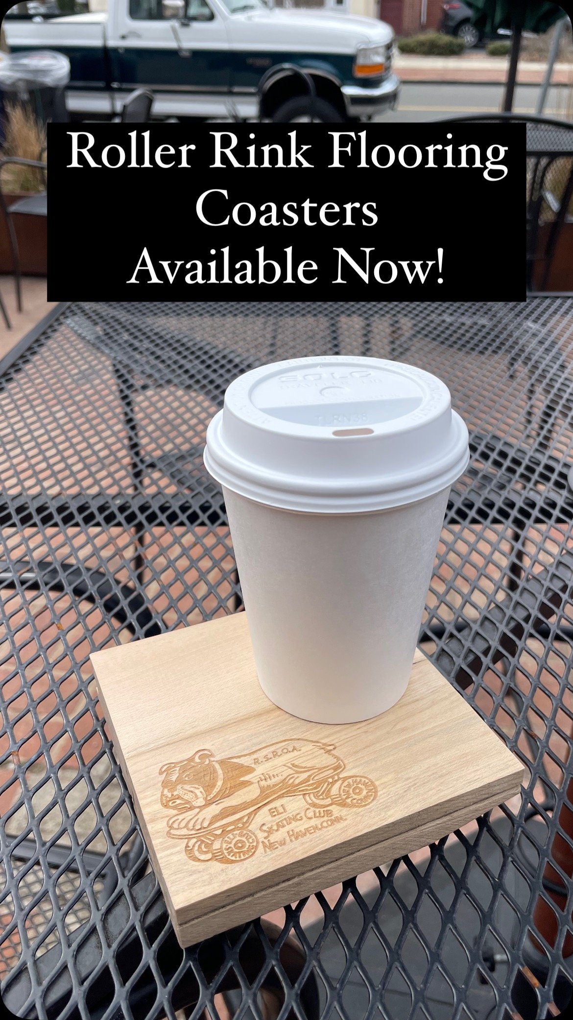 Pre-Order is over! Roller Rink Flooring Coasters are available, and Batch 1 is going fast!
$12 each or $20 for two
Made from upcycled Roller Rink Flooring salvaged here in New Haven, these XL solid maple drink coasters are a uniquely New Haven addi