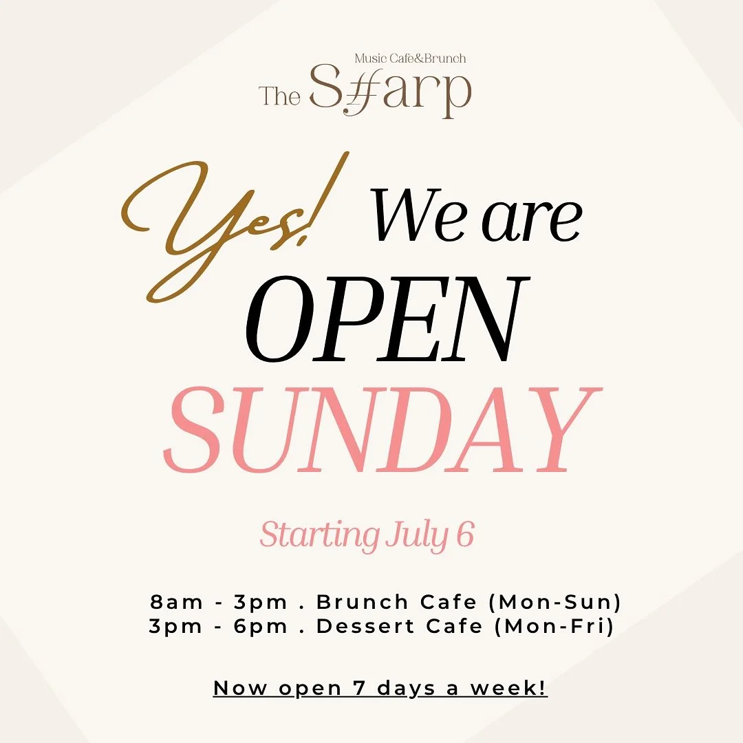 🎉 Big News! 🎉
Starting July 6, we&rsquo;re officially OPEN on SUNDAYS!

Whether you&rsquo;re craving a cozy brunch or just a slow morning with live music and good coffee, we&rsquo;ve got you.

🍳 Brunch Cafe: 8am&ndash;3pm (Mon&ndash;Sun)
🍰 Desser