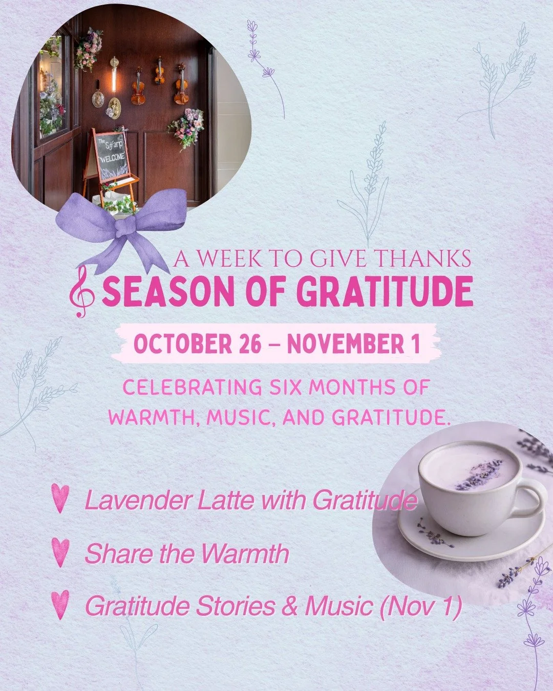 🍂 Season of Gratitude
October 26 (Sun) &ndash; November 1 (Sat)
Celebrating six months of warmth, music, and gratitude at The Sharp Music Cafe Brunch. 💖

💜 Lavender Latte with Gratitude
Order any brunch menu with a drink and enjoy a complimentary 