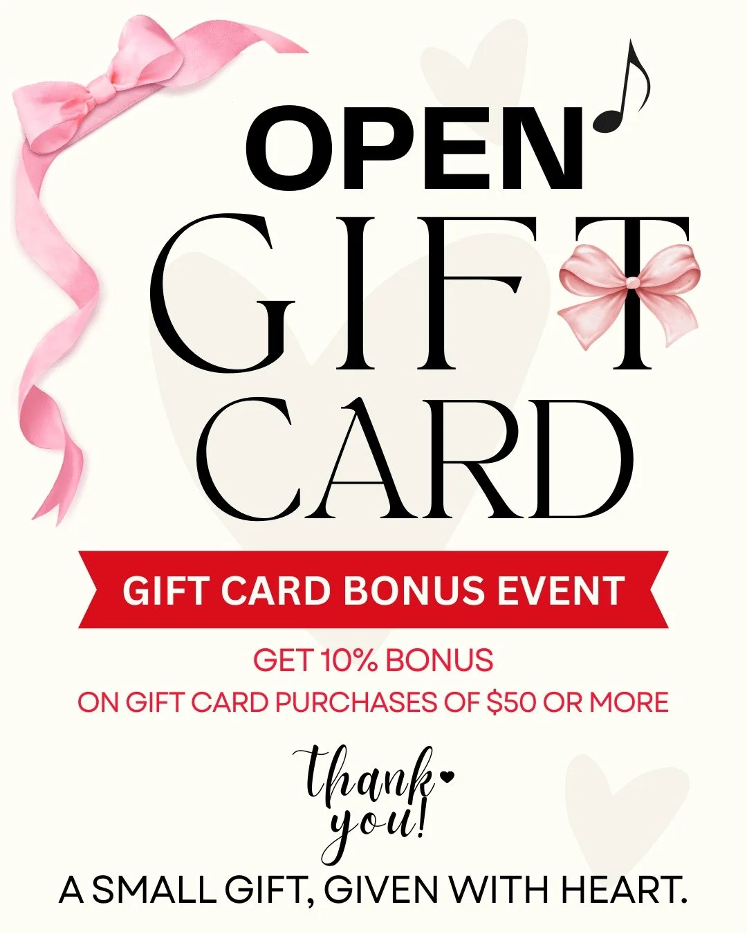 🎁 Gift Cards Are Now Available 🎶☕

A small gift, given with heart.
A quiet way to share warmth, gratitude,
and moments of music meant to be enjoyed together.

✨ Gift Card Bonus Event
Get 10% bonus on gift card purchases of $50 or more.
Bonus value 