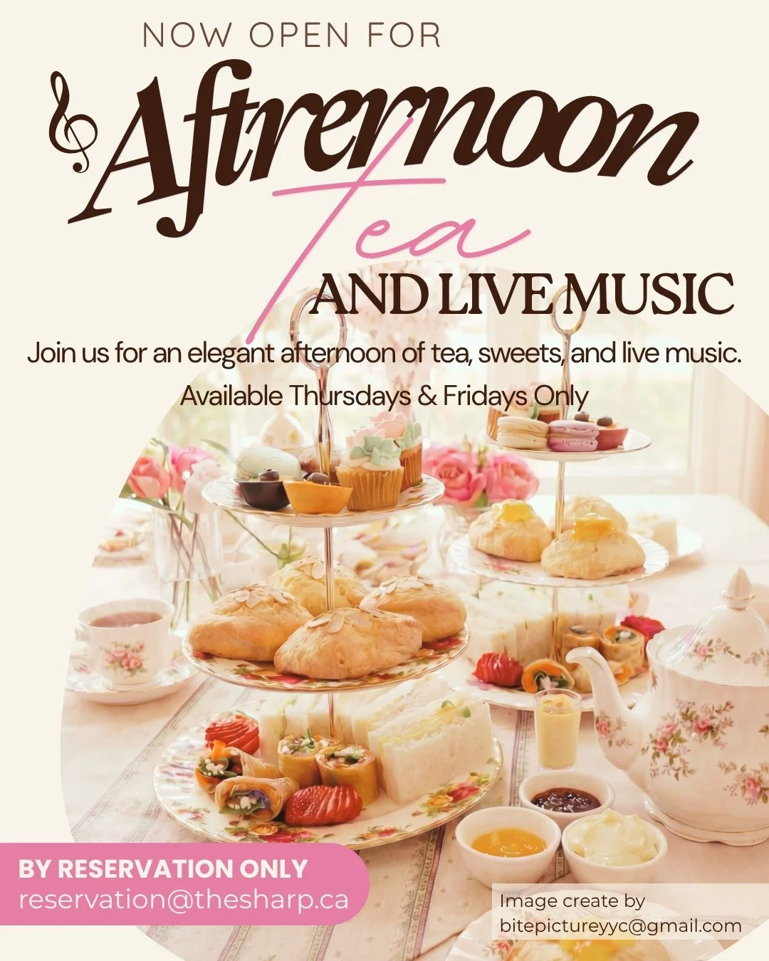 We&rsquo;re finally introducing Afternoon Tea at The Sharp Music Cafe.
Starting Friday, April 24 ✨☕️🍰🎻

📩 By reservation only
📅 Thursdays &amp; Fridays
🕑 2 PM&ndash;4 PM
👥 Minimum 2 guests
💵 $55 per person

Served on a three tier stand with sa